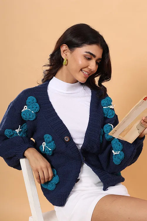 Ajoobaa "Butterfly" Handknitted Merino Sweater - Blue