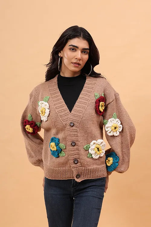 Ajoobaa Colorful "3 D Blossom" Handknitted Merino Sweater - Beige