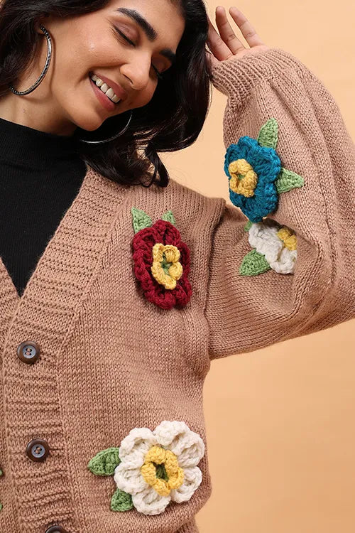 Ajoobaa Colorful "3 D Blossom" Handknitted Merino Sweater - Beige