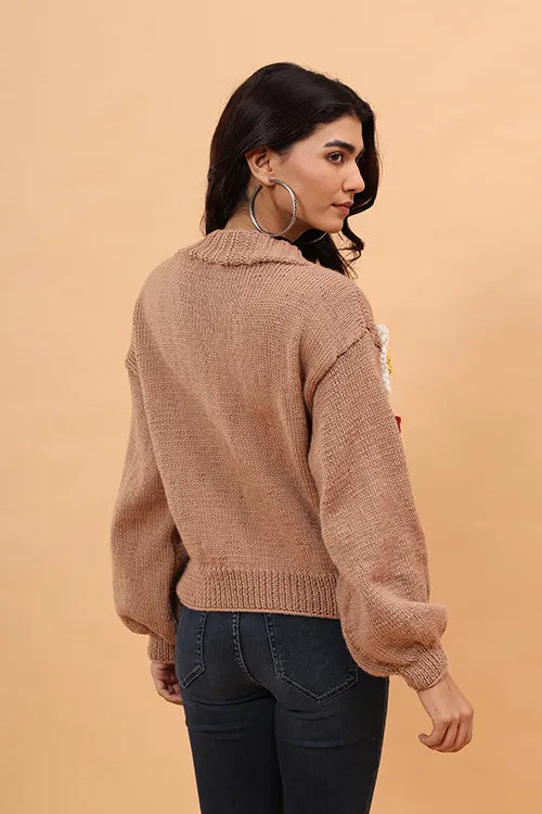 Ajoobaa Colorful "3 D Blossom" Handknitted Merino Sweater - Beige