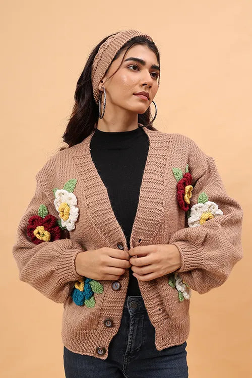 Ajoobaa Colorful "3 D Blossom" Handknitted Merino Sweater - Beige