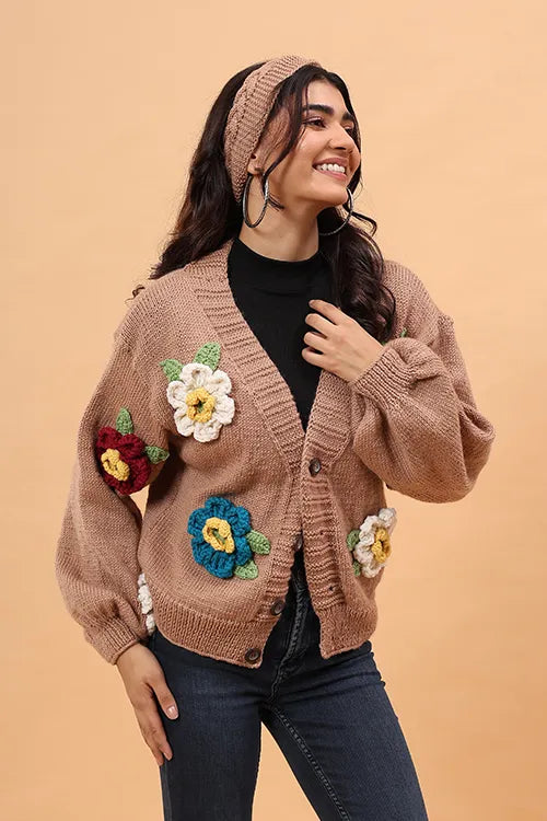 Ajoobaa Colorful "3 D Blossom" Handknitted Merino Sweater - Beige