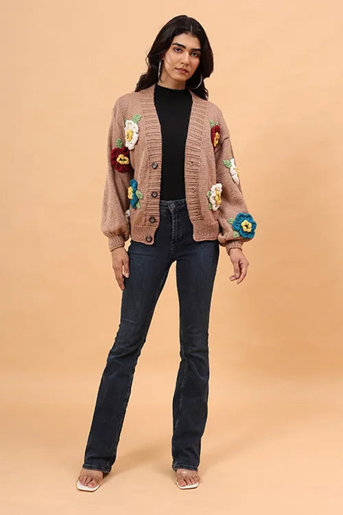 Ajoobaa Colorful "3 D Blossom" Handknitted Merino Sweater - Beige