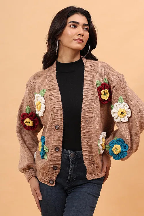 Ajoobaa Colorful "3 D Blossom" Handknitted Merino Sweater - Beige