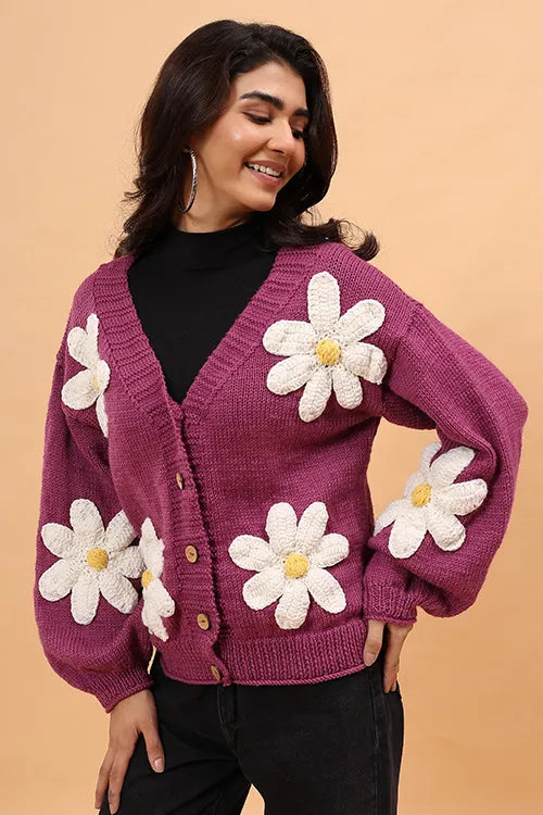 Ajoobaa "Floral" Handknitted Merino Sweater - Purple