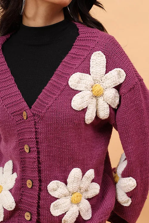 Ajoobaa "Floral" Handknitted Merino Sweater - Purple