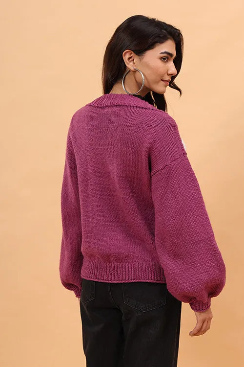 Ajoobaa "Floral" Handknitted Merino Sweater - Purple