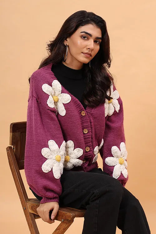 Ajoobaa "Floral" Handknitted Merino Sweater - Purple
