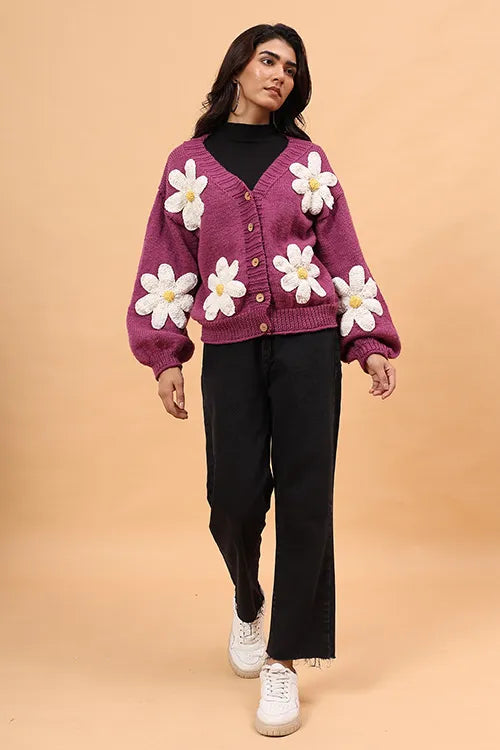 Ajoobaa "Floral" Handknitted Merino Sweater - Purple