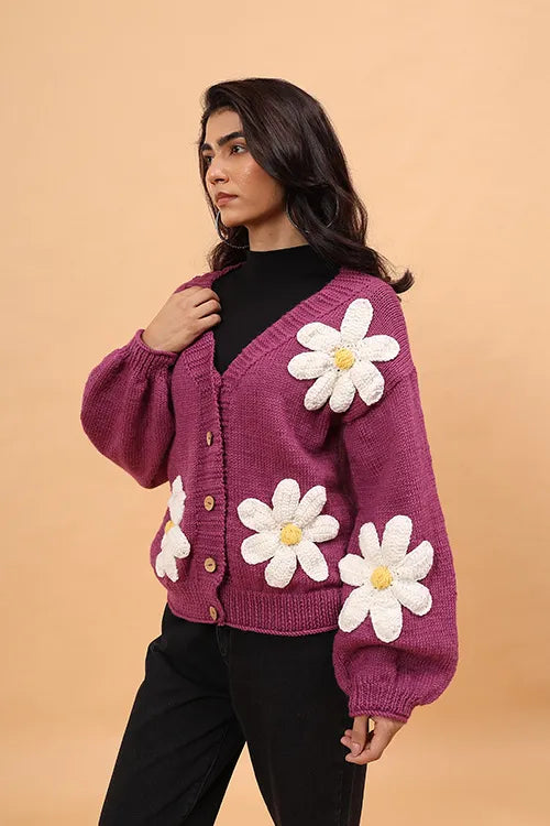 Ajoobaa "Floral" Handknitted Merino Sweater - Purple