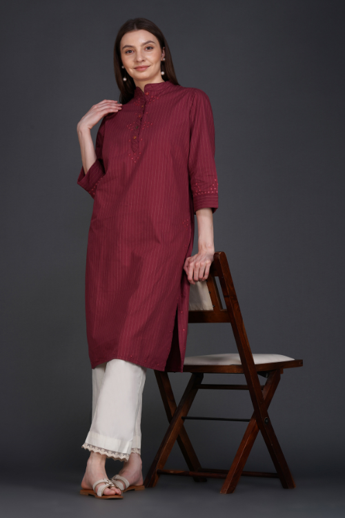 Phae Fiza Kurta With Cream Stripe In Cotton