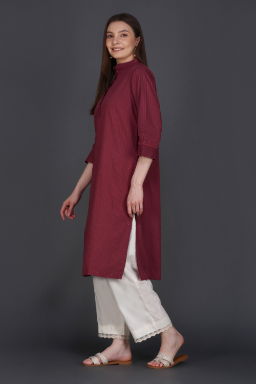 Phae Fiza Kurta With Cream Stripe In Cotton