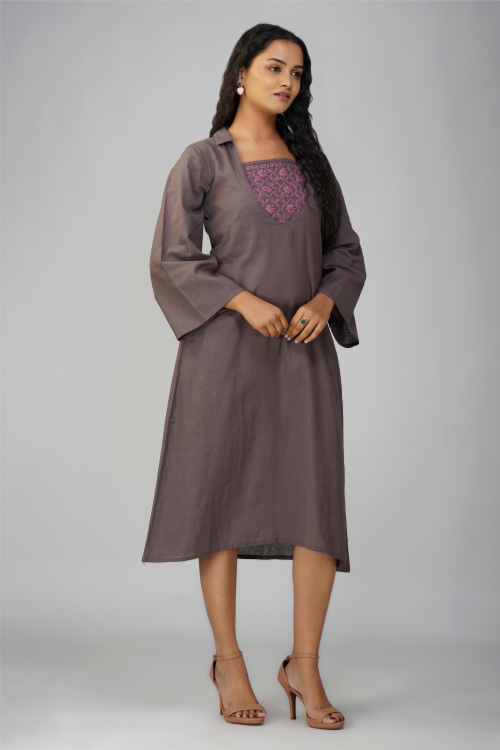 Phae Aaliya Dress In Cotton Linen Hand Chikankari