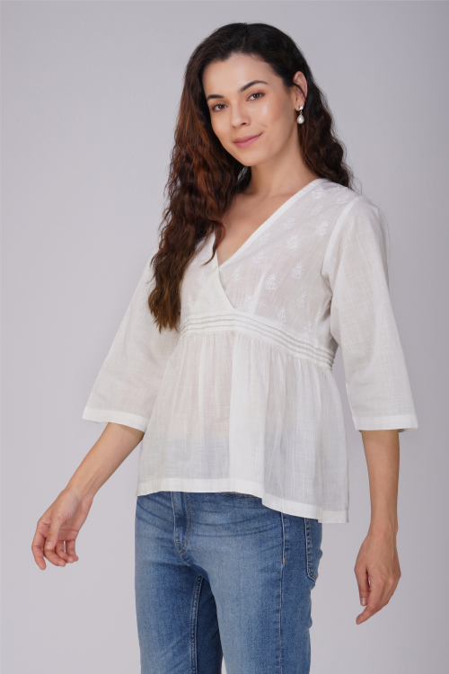 Phae Zaira Top In Cotton Fabric Hand Chikankari