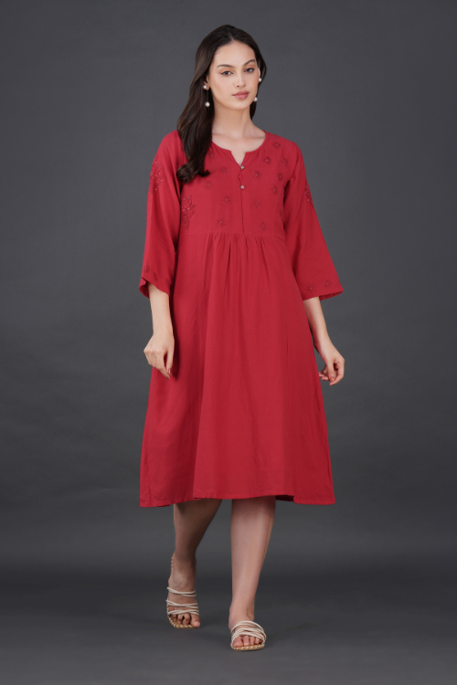 Phae Raisa Cotton Crinkle Candy Red Dress