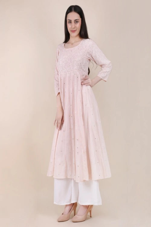 Shwet Women Powder Pink Hand Embroidered Chikankari Kali Kurti