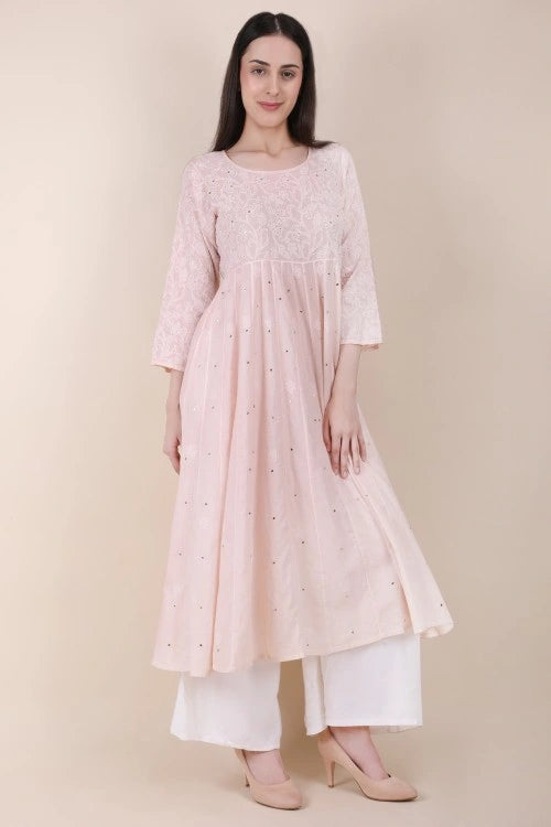 Shwet Women Powder Pink Hand Embroidered Chikankari Kali Kurti