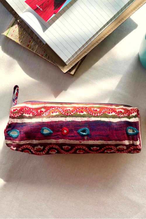 Okhai "Magpie" Hand-Embroidered Mirrorwork Pure Cotton Cylindrical Pouch