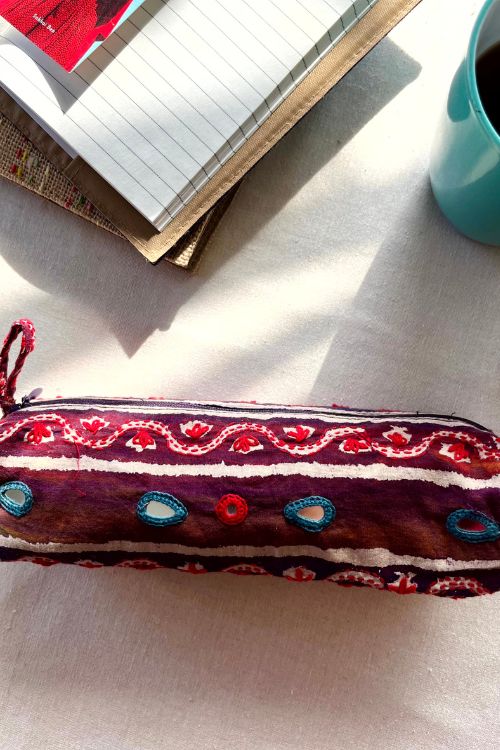 Okhai "Finch" Hand-Embroidered Mirrorwork Pure Cotton Cylindrical Pouch