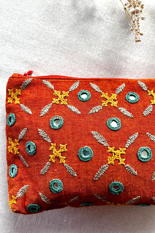 Okhai "Robin" Hand-Embroidered Mirrorwork Pure Cotton Pouch