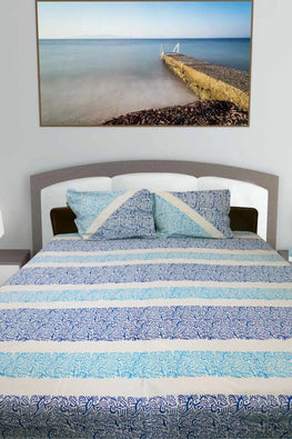 Pure Cotton Bedspread From Rustic Route'S Hand Block Collection Blue & Firozi
