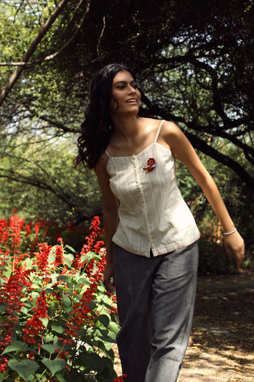 Rangsutra Arka Cotton Offwhite Strappy Striped Top