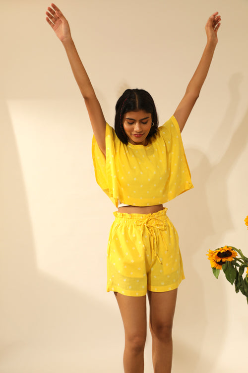 Bandhani Paper Bag Waist Shorts In Electric Yellow