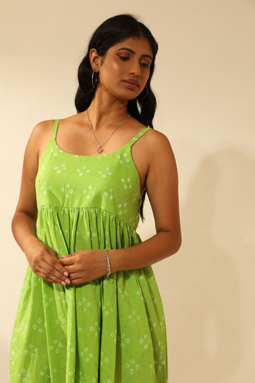 Rangsutra Bandhani Strappy Knee Length Dress In Lime Green Okhaistore Rangsutra Bandhani Strappy Knee Length Dress In Lime Green Okhaistore