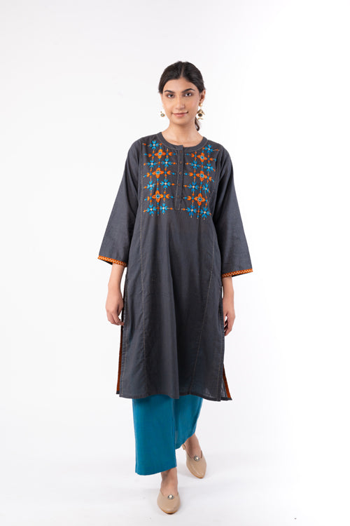 Rangsutra Naman Charcoal Soof Hand Embroidered Straight Kurta