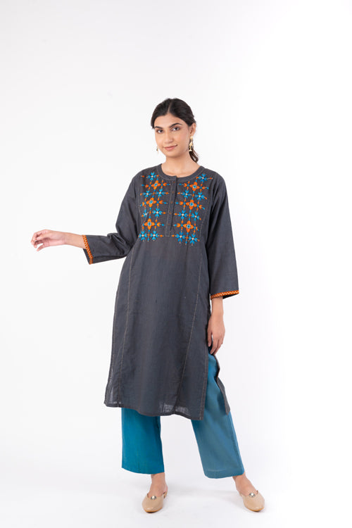 Rangsutra Naman Charcoal Soof Hand Embroidered Straight Kurta
