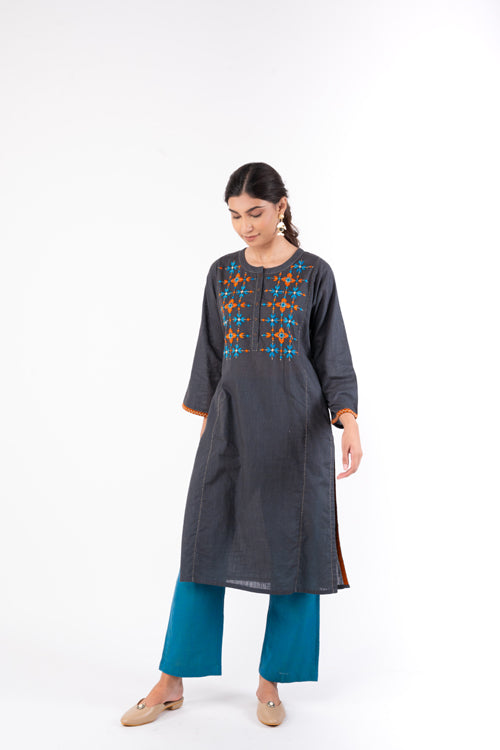 Rangsutra Naman Charcoal Soof Hand Embroidered Straight Kurta