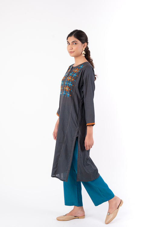 Rangsutra Naman Charcoal Soof Hand Embroidered Straight Kurta