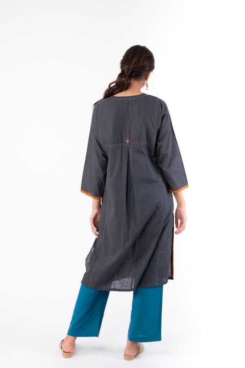 Rangsutra Naman Charcoal Soof Hand Embroidered Straight Kurta