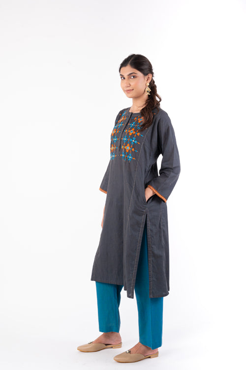Rangsutra Naman Charcoal Soof Hand Embroidered Straight Kurta