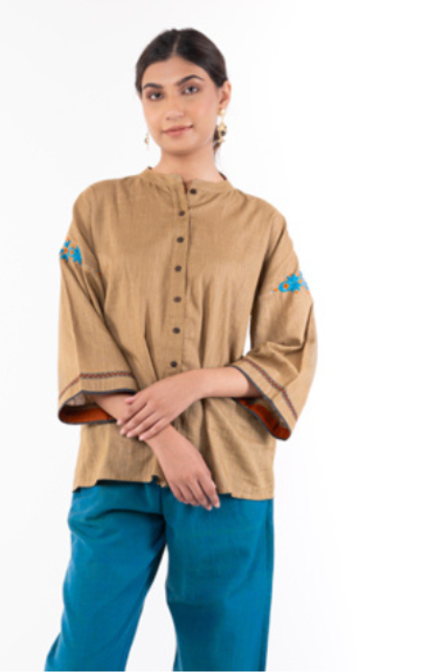 Rangsutra Naman Beige Mandarin Collar Soof Hand Embroidered Top