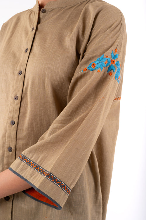 Rangsutra Naman Beige Mandarin Collar Soof Hand Embroidered Top