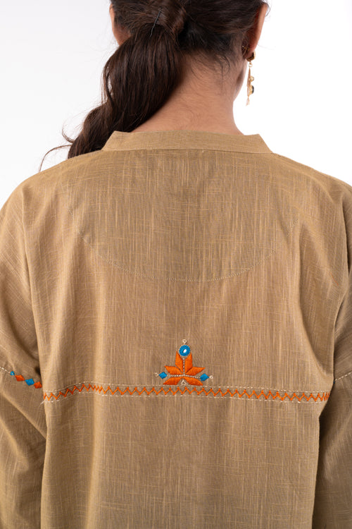 Rangsutra Naman Beige Mandarin Collar Soof Hand Embroidered Top