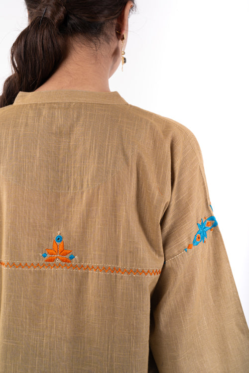 Rangsutra Naman Beige Mandarin Collar Soof Hand Embroidered Top