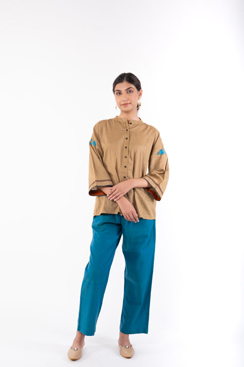 Rangsutra Naman Beige Mandarin Collar Soof Hand Embroidered Top