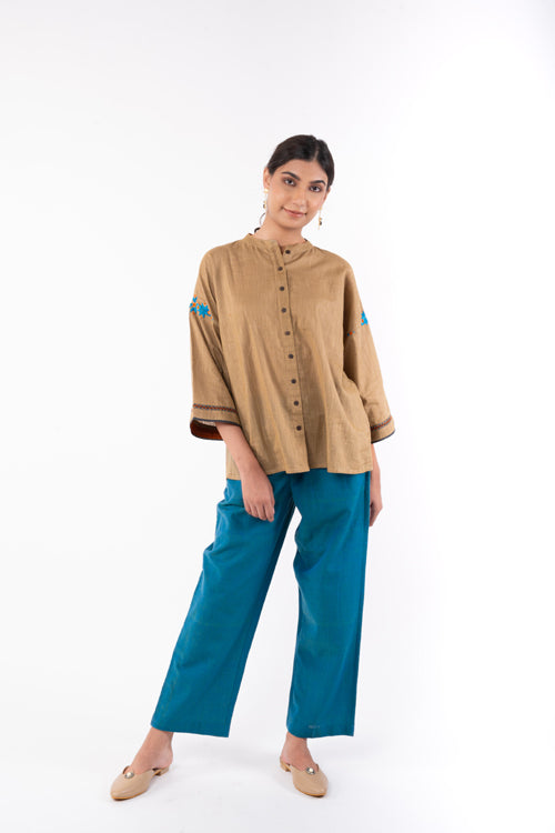 Rangsutra Naman Beige Mandarin Collar Soof Hand Embroidered Top