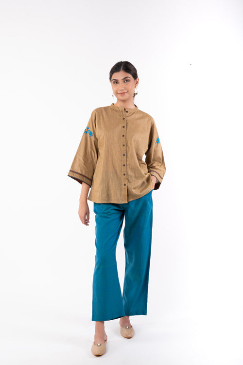 Rangsutra Naman Beige Mandarin Collar Soof Hand Embroidered Top
