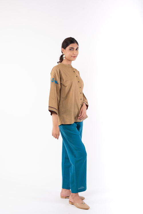 Rangsutra Naman Beige Mandarin Collar Soof Hand Embroidered Top
