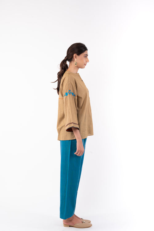 Rangsutra Naman Beige Mandarin Collar Soof Hand Embroidered Top