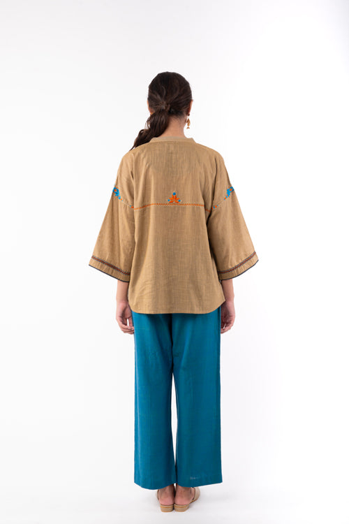 Rangsutra Naman Beige Mandarin Collar Soof Hand Embroidered Top