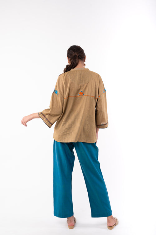 Rangsutra Naman Beige Mandarin Collar Soof Hand Embroidered Top