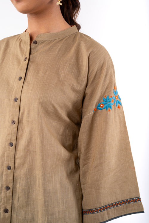 Rangsutra Naman Beige Mandarin Collar Soof Hand Embroidered Top