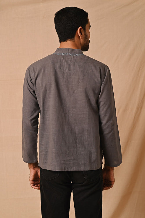 Rangsutra Ronav Grey Chikankari Neckline Embroidered Short Kurta