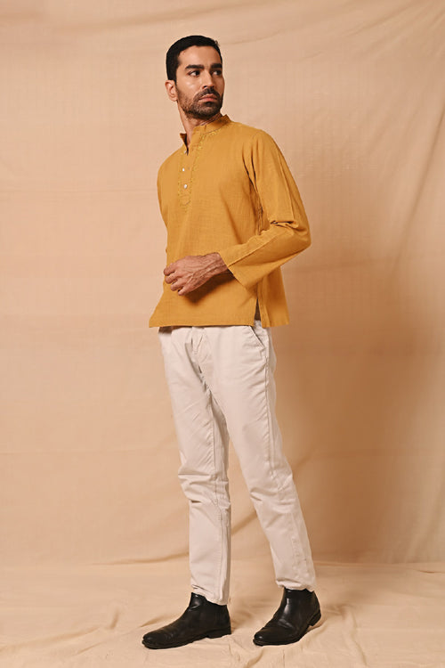 Rangsutra Ronav Mustard Chikankari Neckline Embroidered Short Kurta