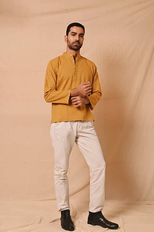 Rangsutra Ronav Mustard Chikankari Neckline Embroidered Short Kurta