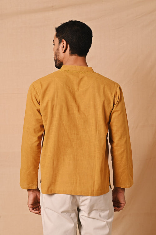 Rangsutra Ronav Mustard Chikankari Neckline Embroidered Short Kurta